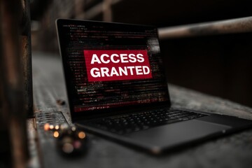 A black laptop shows a bright red ACCESS GRANTED message on screen