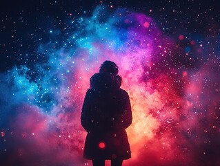 Woman Staring at Cosmic Nebula in Night Sky