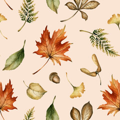 Autumn forest leaves, seeds and acorns. Watercolor hand painted floral seamless pattern on beige background for fall forest