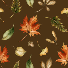 Fototapeta premium Autumn forest leaves, seeds and acorns. Watercolor hand painted forest floral seamless pattern on dark brown background