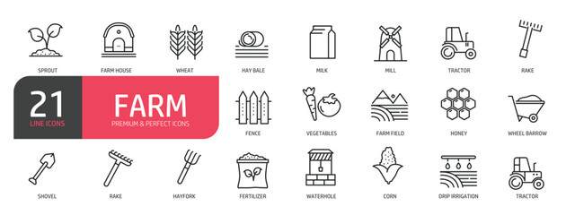Set of line icons related to farm house, hay bale, honey, mill, vegetables. Outline icons collection. Editable stroke. Vector illustration.