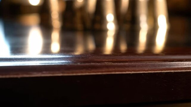 Elegant close up of multiple silver thimbles reflecting light on dark, glossy wooden surface, creating soft, warm, antique, vintage ambiance.