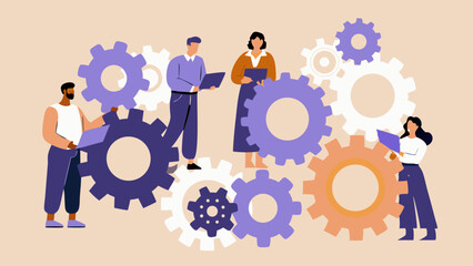 Teamwork and collaboration concept with people working together with gears business process and system integration for success and innovation