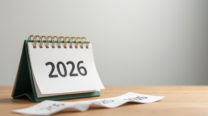 Desk calendar displaying year 2026, with pages turned to show previous dates, set against neutral background