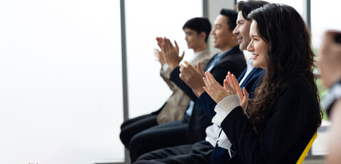 audience clapping hands : group of diverse audience people company employees clapping hands for success in meeting conference room