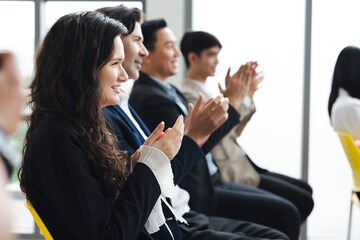 audience clapping hands : group of diverse audience people company employees clapping hands for...