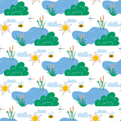 Lake with reeds and flying insects on clear sunny day background. Cute baby seamless pattern. Summer nature print, vector graphic