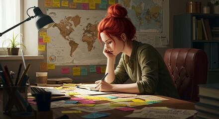 Focused redhead woman studying at desk with world map, surrounded by notes and papers, illuminated by desk lamp.