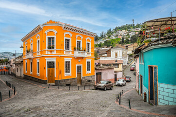 Quito Ecuador Old Town with Colorful Colonial Buildings in the Street