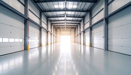 Modern Spacious Warehouse Interior with Large Roll Up Doors and Bright Lighting
