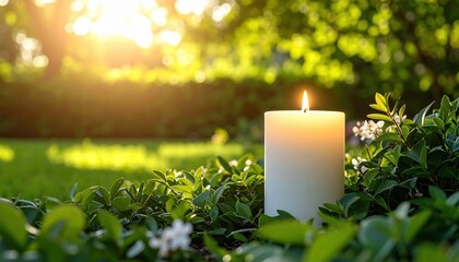 Serene Lit Candle Amidst Lush Green Foliage at Sunset Peaceful outdoor scene
