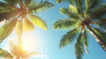 Fototapeta premium Tropical Paradise, Stunning Palm Trees Under Sunny Sky