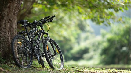 Fototapeta premium Two mountain bikes resting by a tree, embracing nature's tranquility.
