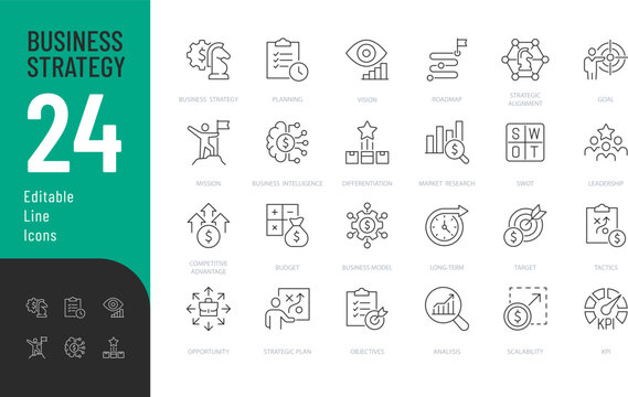Business Strategy Line Editable Icons set. Vector illustration in modern thin line style of business related icons: planning, goal, tactics, and more. Isolated on transparent background.