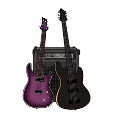 Black and purple electric guitars next to an amp, rock music, hand drawn illustration, transparent background