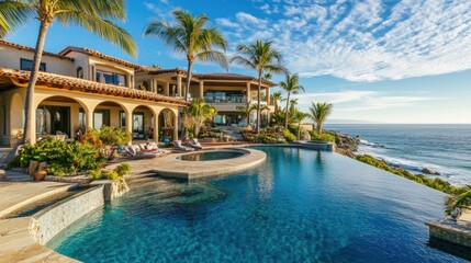 Fototapeta premium Luxurious coastal home with pool facing the stunning ocean view