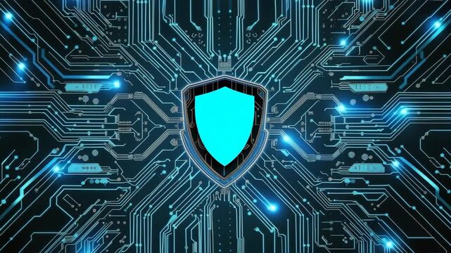 High-tech background with a digital security shield symbol and circuit board patterns, perfect for technology-themed designs