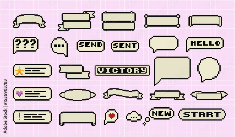 Poster pixel art frames. retro 8 bit buttons, arrows, speech bubble messages and quote frame. game ui vecto