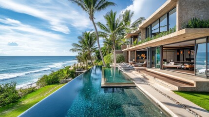 Fototapeta premium Luxury oceanfront home featuring a stunning infinity pool and lush tropical trees