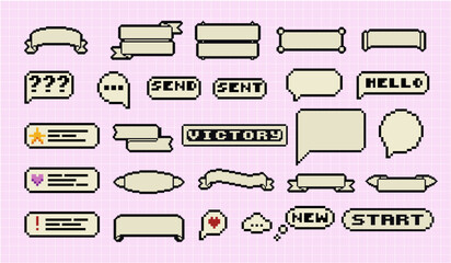 Pixel art frames. Retro 8 bit buttons, arrows, speech bubble messages and quote frame. Game UI vector template set of pixel game frame, 8 bit message illustration