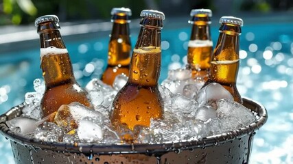 Wet beer bottles in a metal bucket with ice in a pool of water on a summer day.