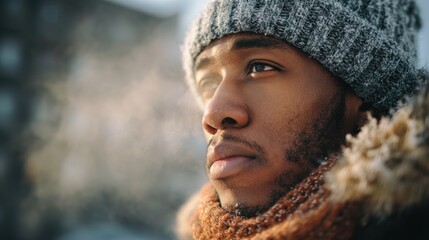 Close-up portrait of a young man wearing a thick knit turtleneck sweater, fur-lined parka, and beanie, with frosty breath visible in cold winter air