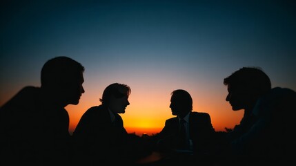 Silhouette Businessmen Meeting Sunset Teamwork Collaboration Corporate Strategy Discussion Professional Team Orange Sky Outdoor Evening Conference Businesspeople Successful Collaboration Group Meeting