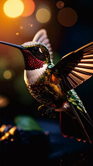 Hummingbird in Flight Over Snowy Mountains at Sunrise. Nature Wildlife Scene

