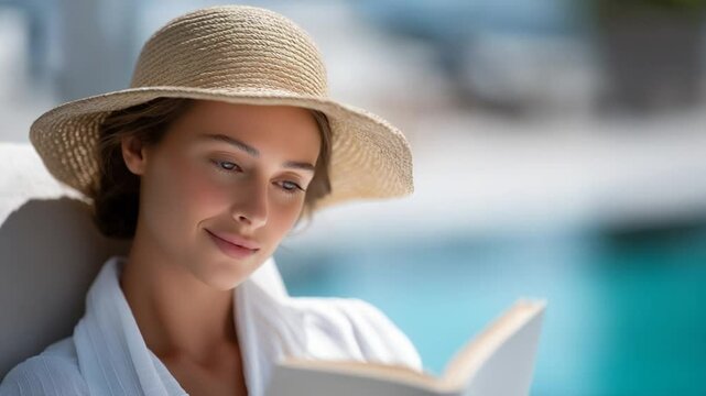 A young woman relaxing by the outdoor pool with a book and smile