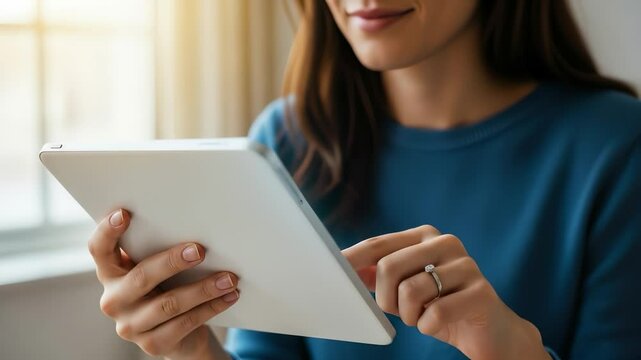 A woman in a blue sweater browses content on a digital tablet near a sunlit window.