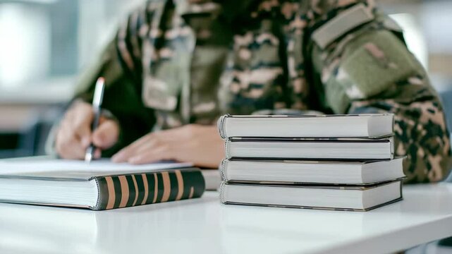 Education of army soldier. Blurred military college student sitting at desk and writing test. Veteran learning. Books on the table