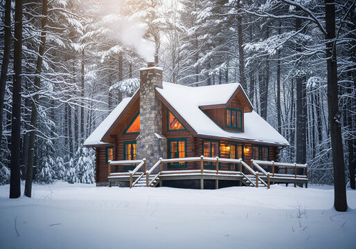 Cozy Cabin in the Winter Woods with Smoke from Chimney &ndash; Peaceful Snowy Retreat, Rustic Living, and Warm Holiday Atmosphere