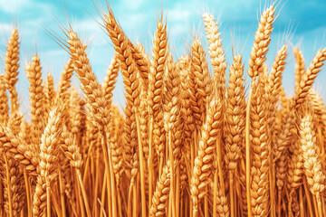 Close-up of Golden Wheat Ears against Blue Sky