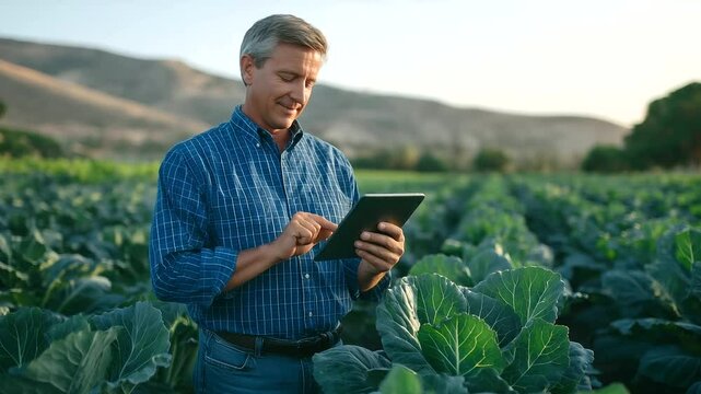 Man walks slowly through rows of vegetables, checking sensor data on tablet, sun casts long afternoon shadows
