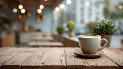 Fototapeta premium Minimalist wooden desk with coffee cup, a serene workspace for focused productivity