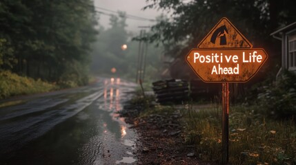 A glowing road sign pointing "Positive Life Ahead", roadside motivation style,