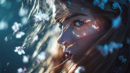 Creative portrait photography of a glowing female face bathed in floral and cosmic projections, long flowing hair styled with white petals, captured with shallow depth of field