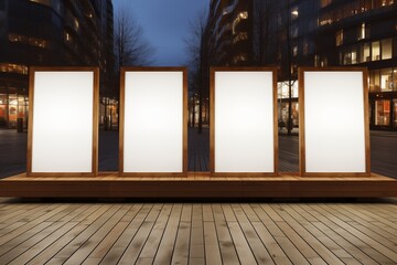 Four empty white picture frames placed on a wooden stand.3D render.