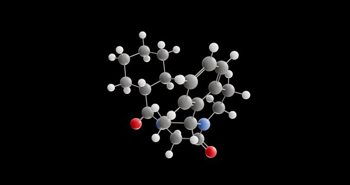 Praziquantel molecule, rotating 3D model of anthelmintics, looped video on a black background
