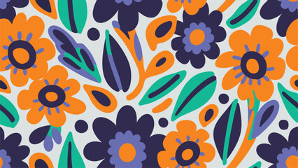 Fototapeta premium Seamless floral pattern with orange and purple flowers and green leaves on a light gray background design