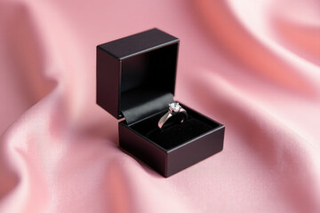 A single diamond ring presented in a black gift box on a soft pink cloth, perfect for jewelry or gift displays