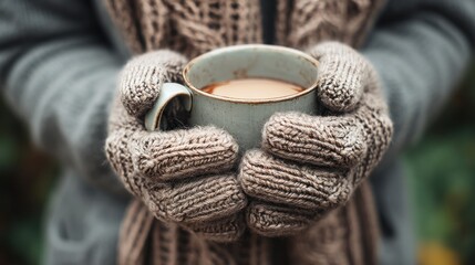 Detail shot of hands in fingerless gloves holding a warm drink, layered outfit visible in background, cozy and atmospheric autumn fashion vignette