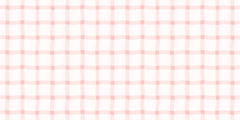 Preppy Plaid Seamless Pattern. Vector Hand-drawn Gingham Check Background in Vintage Cottagecore Style of Pastel Pink Colors for Print on Textile, Paper, Web Design