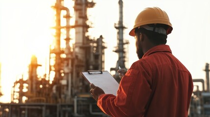 An American refinery worker recording data with clipboard near control panel, safety helmet on, isolated on white