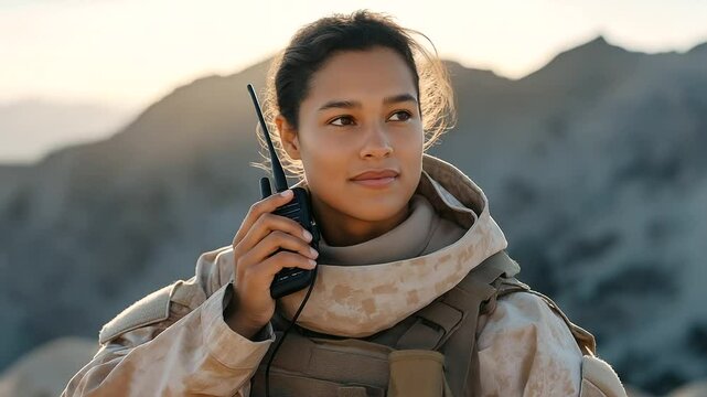 Soldier using 5G communication device in rugged terrain with troops