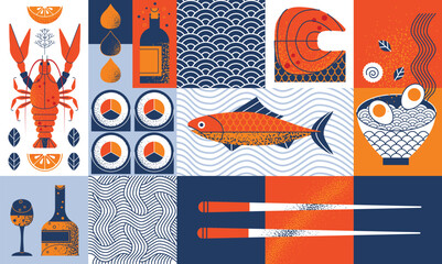 Seafood geometric pattern with ramen, sushi, salmon, lobster