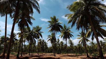 Lush coconut grove under bright midday sun blue sky light cloud overhead sandy soil visible between trunk tropical plantation vibe coastal region white background cut out isolated transparent