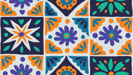 Fototapeta premium Colorful tile pattern with floral and geometric motifs in a repeating square arrangement design scheme art