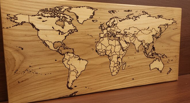 Engraved World Map on Wood: A Decorative Piece for Travelers and Global Citizens - Powered by Adobe