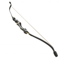 A sleek, modern black recurve bow with a taut string, designed for precision and archery performance.